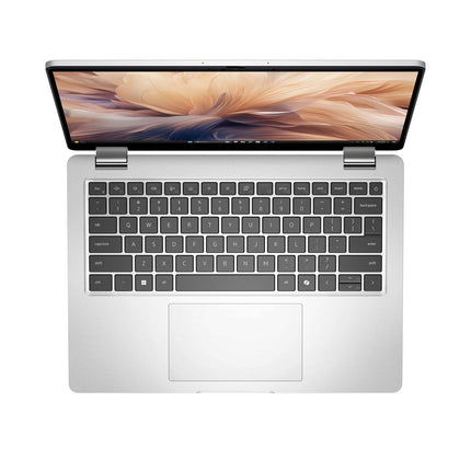 Top view of a silver refurbished Dell Pro 14 Plus PB14250 laptop with a partially open 14″ FHD screen displaying abstract art, featuring a black keyboard and large trackpad. This device includes an Intel Core Ultra 7 268V processor, 32GB DDR4 RAM, and a 512GB NVMe SSD for high performance. - View 5