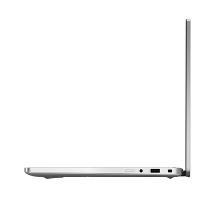 Side view of a refurbished Dell Pro 14 Plus PB14250 laptop, open at a 90-degree angle with multiple ports visible on the base. The slim, minimalist design is highlighted against a white background, featuring a 14″ FHD display, Intel Core Ultra 7 268V processor (2.2GHz), and 32GB DDR4 RAM. - View 4