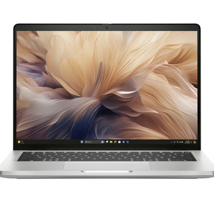Front view of a silver DELL Pro 14 Plus PB14250 laptop with an Intel Core Ultra 7 268V processor and 32GB DDR4 RAM on a white background. The 14″ FHD touch screen displays a beige and brown abstract floral wallpaper, and the black keyboard enhances its sleek refurbished look. - View 1
