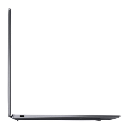 Side view of a thin, dark grey refurbished Dell XPS 13 9320 laptop showing a single USB-C port. - View 3