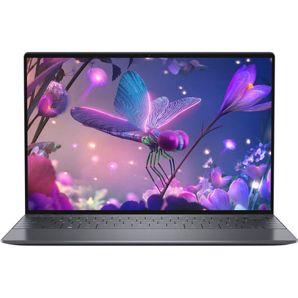 Front view of a refurbished Dell XPS 13 9320 laptop displaying a colorful dragonfly graphic on the screen. - View 1