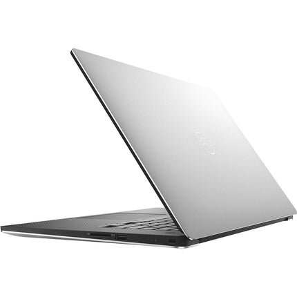 Angled view of a closed, refurbished Dell XPS 15 7590 laptop showing the silver top lid and side ports. - View 3