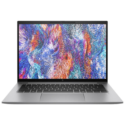 Front view of a silver HP ZBOOK FIREFLY 14 G11 A laptop open with a vibrant abstract pattern on its 14” FHD display, set against a plain white background. This refurbished HP laptop features an AMD Ryzen 5 8640HS processor, 16GB DDR4 RAM, and a 512GB NVMe SSD for impressive performance in a sleek design. - View 1