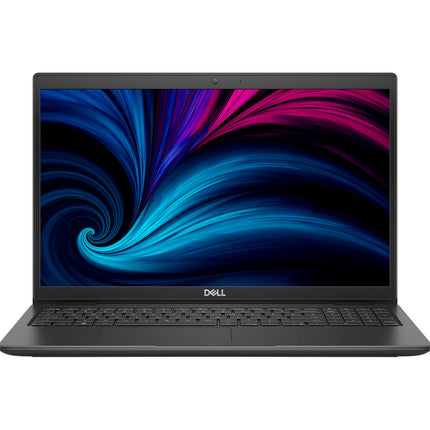 Front view of refurbished Dell Latitude 3520 laptop, black keyboard, 15.6" HD display with abstract colors, i5, 16GB RAM, 512GB SSD. - View 1