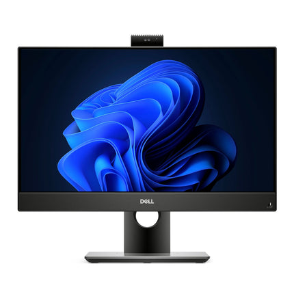Front view of a refurbished Dell OptiPlex 5490 AIO with a 23.8″ FHD display showing Windows 11 Pro on a blue abstract wallpaper, featuring a top webcam, Dell logo below the screen, and specifications including Intel Core i5-10500T, 16GB RAM, and 512GB NVMe SSD. - View 1