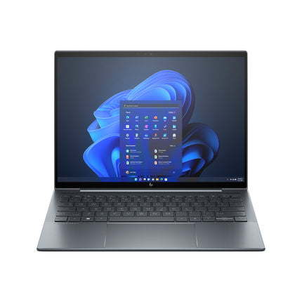 Front view of a sleek and thin refurbished HP DRAGONFLY G4 laptop with a 13.5” touch display, blue abstract Windows 11 home screen, black keyboard, Intel Core i7-1365U processor, 32GB DDR4 memory, and 1TB NVMe SSD on a white background. - View 1