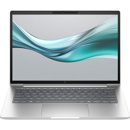 Front view of a refurbished HP ProBook 645 G11 laptop with 14” FHD display, thin bezels, black keyboard, and abstract screen design. - View 1