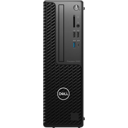 Front view of a refurbished black DELL Precision 3440 SFF desktop computer, showing the power button, USB ports, audio jacks, slim optical drive, and the DELL logo near the bottom. Features an Intel Core i5-10500 3.1GHz processor, 16GB DDR4 RAM, and a 512GB NVMe SSD in a small form factor design. - View 1