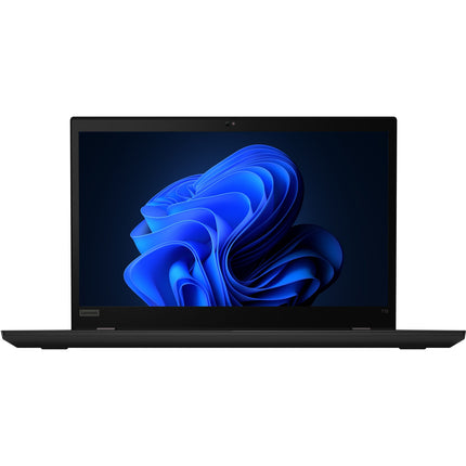 Front view of refurbished black Lenovo T15 G1 laptop, 15.6" FHD display, Windows 11 wallpaper, i5, 16GB RAM, 512GB SSD. - View 5