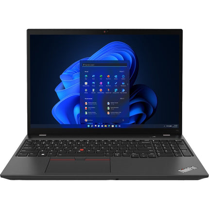 Front view of a black Lenovo T16 G1 refurbished ThinkPad laptop displaying Windows 11 Start Menu on its 16" FHD screen. - View 4
