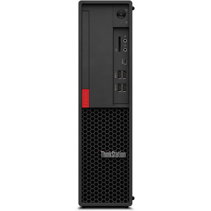 Front view of a refurbished Lenovo ThinkStation P330 SFF desktop computer, featuring visible USB ports, audio jacks, power button, and a distinctive honeycomb vent on the bottom front panel. Lenovo and ThinkStation logos are prominent on the case. This model includes an Intel Core i7-8700 3.2GHz processor, 16GB RAM, and a 512GB NVMe SSD for high performance. - View 1