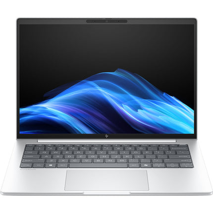 Front view of a silver refurbished HP EliteBook 8 G1a 14” FHD laptop showing blue abstract wave on screen, Ryzen 7 Pro, 32GB RAM, 1TB SSD. - View 1