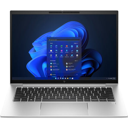 Front view of a silver HP EliteBook 845 G10 laptop, Windows 11 on 14” FHD display, Ryzen 7 Pro, 32GB RAM, 1TB SSD visible. - View 1