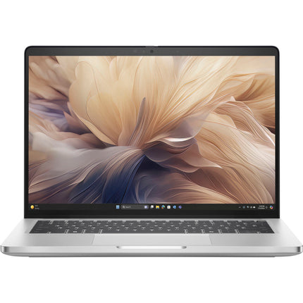 Front view of a refurbished DELL Pro 14 Plus PB14250 laptop, featuring a 14″ FHD display, Intel Core Ultra 7 268V processor, and 32GB DDR4 RAM, with its keyboard and touchpad visible and the screen displaying abstract beige and brown feather-like patterns. - View 1