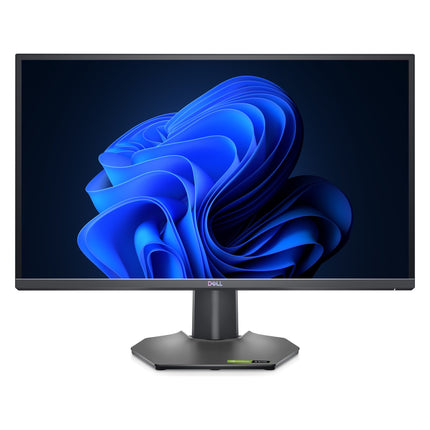Front view of the refurbished Dell 27" G2723H Gaming Monitor, slim bezels, angular stand, blue abstract design on screen. - View 1