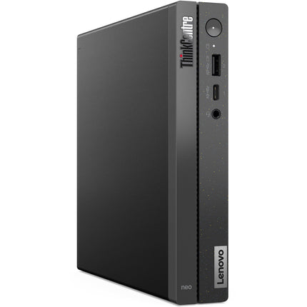 Front view of a refurbished Lenovo NEO 50Q GEN 4 Tiny Desktop PC standing vertically, highlighting its front ports including USB, audio jack, and power button. Features include an Intel Core i5-13420H 2.1GHz processor, 16GB DDR4 RAM, 256GB NVMe SSD, internal WiFi and Bluetooth. Lenovo and NEO logos are visible on the case. - View 3