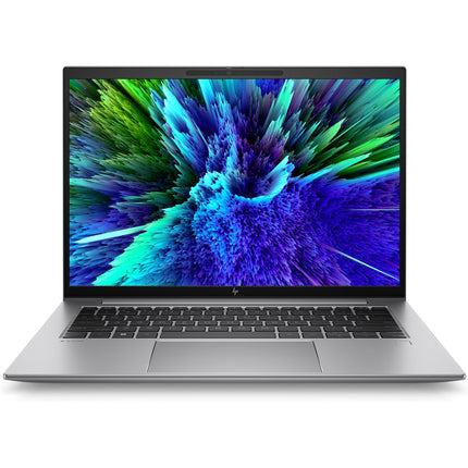 Front view of a refurbished HP ZBOOK FIREFLY 14 G10 A laptop with 14” FHD display, open black keyboard on a white background. - View 1