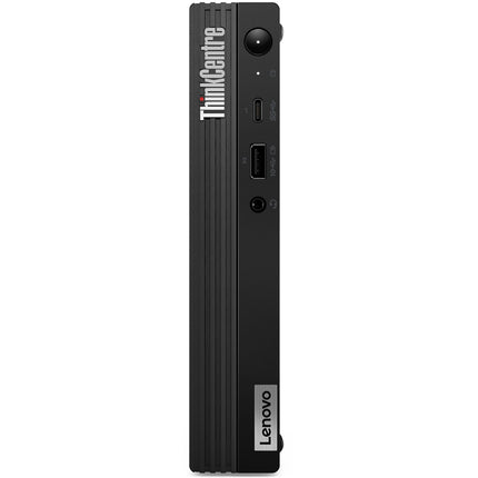 Front view of a refurbished Lenovo ThinkCentre M90q Tiny mini desktop, showing the power button, ports, and headphone jack on the left with ThinkCentre and Lenovo logos visible. Features an Intel Core i5-10500T 2.3GHz processor, 16GB DDR4 RAM, 256GB NVMe SSD, plus internal WiFi and Bluetooth for reliable performance. - View 1