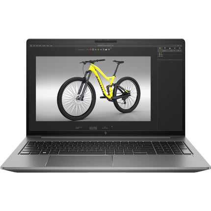 A refurbished HP ZBOOK Power G10 laptop (15.6”, Intel Core i7-13800H, 32GB RAM, 1TB NVMe SSD, NVIDIA RTX A1000) in angled view displays a 3D rendering of a yellow mountain bike on its screen against a plain white background. - View 1