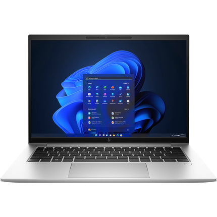 Front view of a silver HP EliteBook 845 G9 laptop displaying Windows 11 start menu on screen, set against white and blue shapes. - View 1