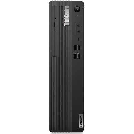 Front view of a refurbished Lenovo ThinkCentre M70S GEN 3 SFF desktop, showcasing USB ports, audio jacks, power button, and clear Lenovo and ThinkCentre logos on its textured front panel. Features an Intel Core i5-12500 3.0GHz processor for dependable performance. - View 3