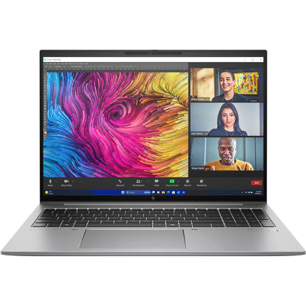 Front view of a silver HP ZBOOK FIREFLY 16 G11 laptop displaying a vibrant abstract swirl on its 16" FHD screen, with a video call featuring four people in small windows on the right. The keyboard and touchpad are visible, showcasing the sleek design of this refurbished HP device powered by an Intel Core Ultra 7 165H processor, 64GB DDR4 RAM, and a 1TB NVMe SSD. - View 1