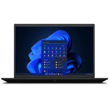 Front view of refurbished Lenovo ThinkPad P1 G5 showing Windows 11 Start menu on blue abstract wallpaper with thin black bezel. - View 1