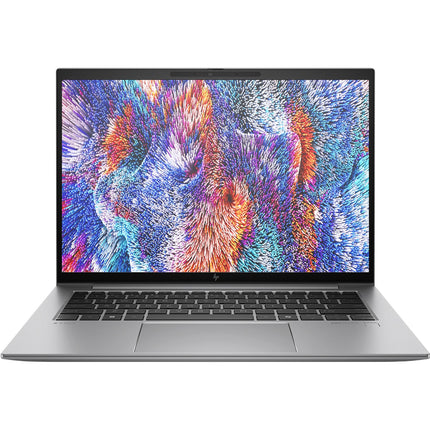 Front view of a silver refurbished HP ZBOOK FIREFLY 14 G11 A laptop, open with vivid abstract fur digital art on its 14” screen. - View 1