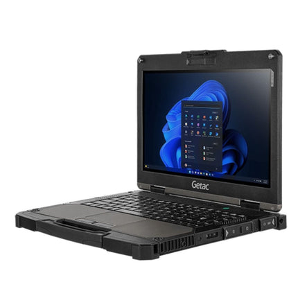 Angled view of an open Getac B360 G2 rugged laptop displaying a Windows desktop. - View 3