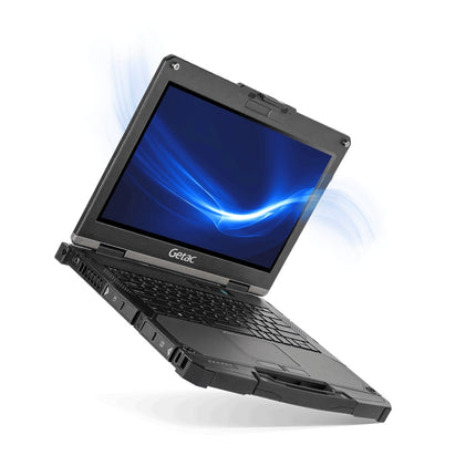 Angled view of a rugged Getac B360 G2 laptop featuring a blue abstract screen graphic and ethereal light effects. - View 2