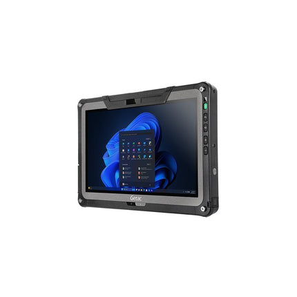 Angled view of a refurbished Getac F110 G7 rugged tablet with a visible desktop interface and side bezel control buttons. - View 4