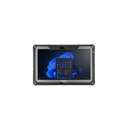 Front view of a refurbished Getac F110 G7 13.3″ FHD touch tablet with Intel Core i5-1345U 1.6GHz, 8GB DDR4, and 256GB NVMe SSD, encased in a black and gray protective frame. - View 1