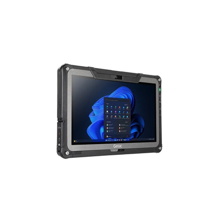 Angled view of a Getac F110 G7 rugged tablet with a Windows touchscreen desktop. - View 3