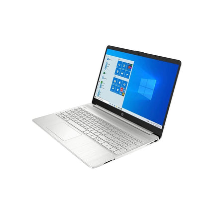 Angled view of a silver HP 15-DY2XXX laptop with an open screen displaying the Windows 10 desktop. - View 1