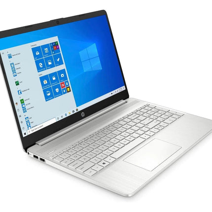 Angled view of a silver HP 15-DY2XXX laptop with a bright Windows 10 desktop screen. - View 3