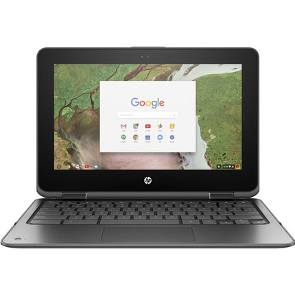 Front view of a refurbished HP Chromebook X360 11 G1 laptop, 11.6″ FHD Touch, Intel Celeron N3350 1.1GHz, 4GB DDR3L, 32GB SSD, displayed with the screen open showing a Google search interface and desktop icons. - View 1