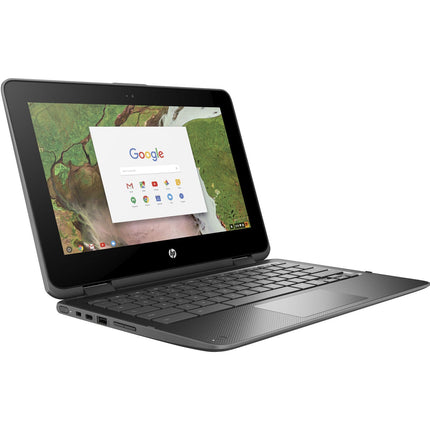 Angled view of a dark gray HP Chromebook X360 11 G1 convertible laptop displaying a Google search page. - View 3