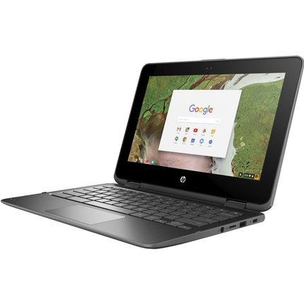 Angled view of an HP Chromebook X360 11 G1 convertible touchscreen laptop displaying the Chrome OS interface. - View 4