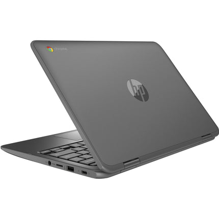 Angled rear view of a closed dark grey HP Chromebook X360 11 G1 convertible laptop. - View 5