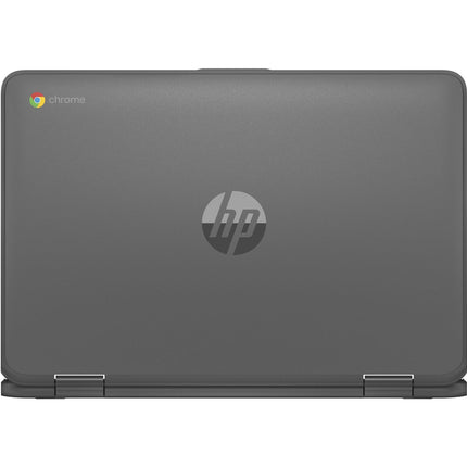 Front view of a closed dark grey refurbished HP Chromebook X360 11 G1 convertible laptop, featuring an 11.6″ FHD touch display, Intel Celeron N3350 1.1GHz processor, 4GB DDR3L RAM, and 32GB SSD. - View 2