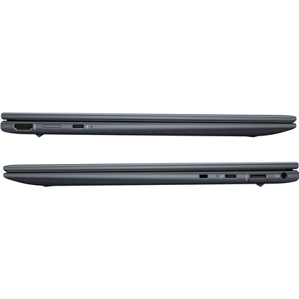 Side view of two closed gray laptops positioned side-by-side, highlighting their array of ports including USB, HDMI, Ethernet, and audio jack. The HP DRAGONFLY G4 is featured—a refurbished 13.5” touch laptop with an Intel Core i7-1365U processor, 32GB DDR4 RAM, and a 1TB NVMe SSD—showcasing its sleek design and powerful performance among thin business laptops. - View 3