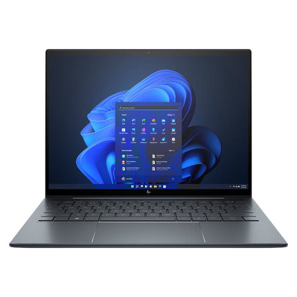 Front view of a refurbished HP Elite Dragonfly G3 laptop displaying Windows 11 Pro home screen, thin-bezel, on white background. - View 1