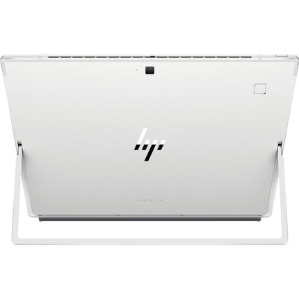 Back view of a refurbished silver HP Elite X2 G8, 13″ Touch FHD, Intel Core i5-1135G7 2.4GHz, 16GB DDR4, 256GB NVMe SSD tablet with built-in kickstand extended. - View 2