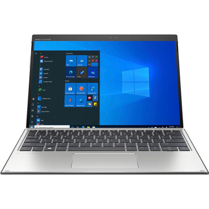 Front view of an HP Elite X2 G8 13″ Touch FHD laptop showing the Windows 11 Pro Start menu and a backlit keyboard. - View 1