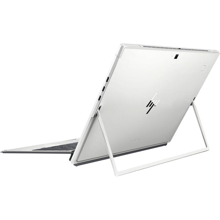 Angled rear view of a silver HP Elite X2 G8 refurbished tablet, featuring a 13″ Touch FHD display, Intel Core i5-1135G7 2.4GHz processor, 16GB DDR4 RAM, 256GB NVMe SSD, integrated kickstand, and attached keyboard base. - View 5
