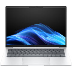 Front view of a silver refurbished HP EliteBook 8 G1a 14” FHD laptop showing blue abstract wave on screen, Ryzen 7 Pro, 32GB RAM, 1TB SSD.