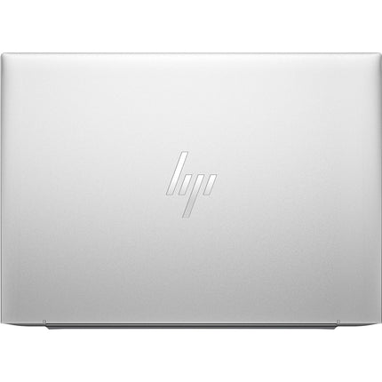 Angled view of a closed silver HP EliteBook 845 G10, HP logo visible on lid; refurbished 14” laptop with Ryzen 7 Pro, 32GB RAM, 1TB SSD. - View 2