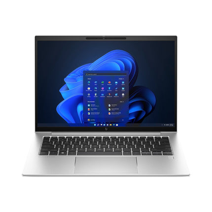 Front view of a silver HP EliteBook 845 G10 laptop with a black keyboard, displaying the Windows 11 home screen on a blue abstract background against a white backdrop. This refurbished HP laptop features a 14” FHD display, AMD Ryzen 7 Pro 7840U processor at 3.3GHz, 16GB DDR4 memory, and a fast 512GB NVMe SSD—ideal for daily computing with sleek design and reliable performance. - View 1
