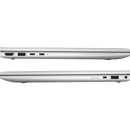 Side view of two closed silver laptops with visible ports—including USB, HDMI, and audio jacks—featuring a refurbished HP EliteBook 845 G10 with a 14” FHD display, AMD Ryzen 7 Pro 7840U processor, 32GB DDR4 RAM, and a 1TB NVMe SSD. - View 3