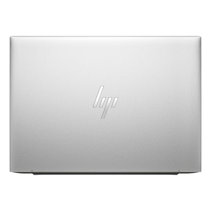 Top view of a closed silver HP EliteBook 845 G10 14” FHD laptop with the HP logo centered on the lid, set against a plain white background. This refurbished model features an AMD Ryzen 7 Pro 7840U processor, 32GB DDR4 memory, and a large 1TB NVMe SSD in a sleek design. - View 2